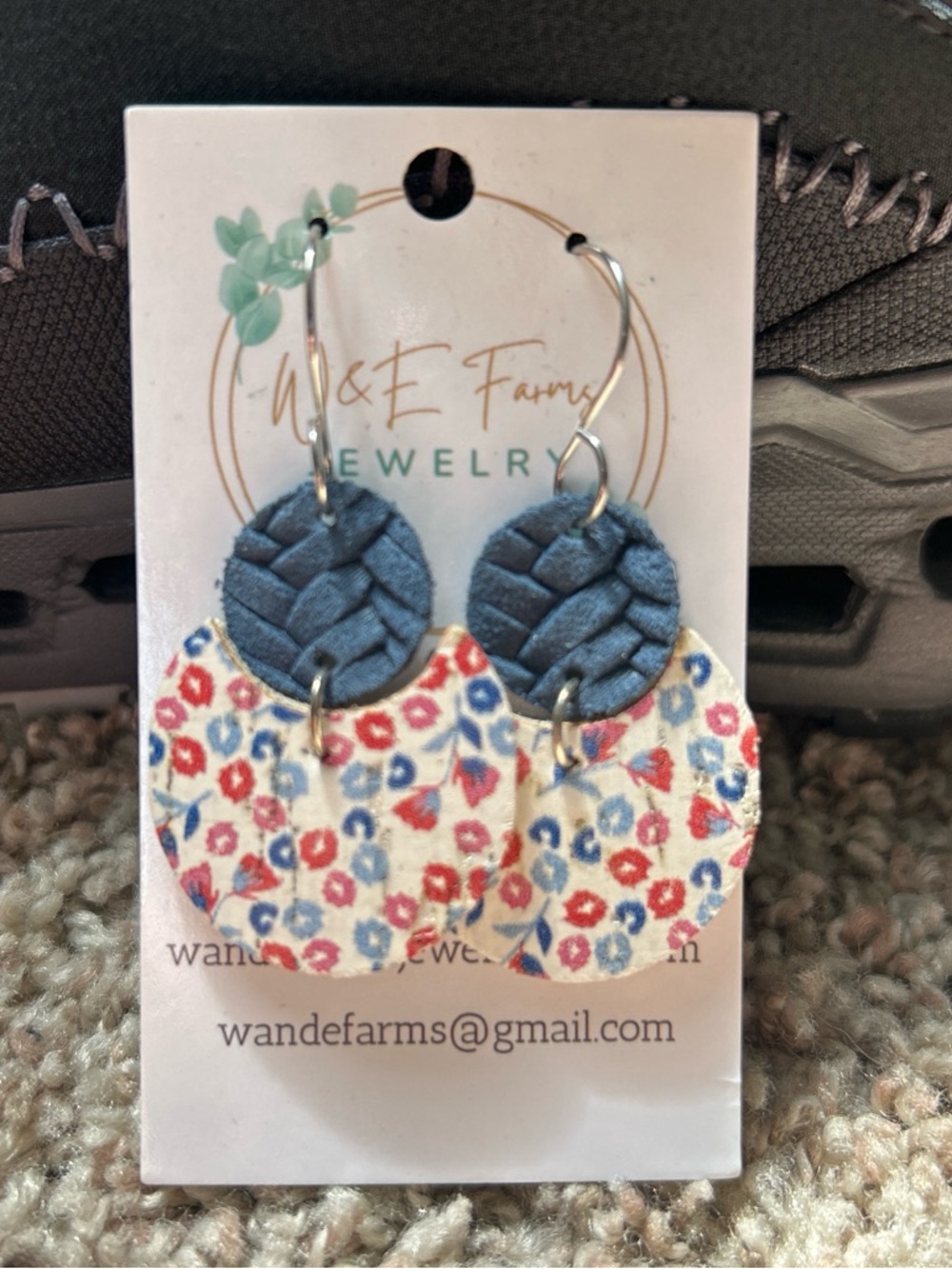 W&E Farm Floral Navy Braided Leather Drop Earrings